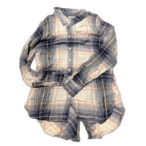 Lucky Brand Women's Button Down Long Sleeved Shirt Blue Peach Plaid Size Medium